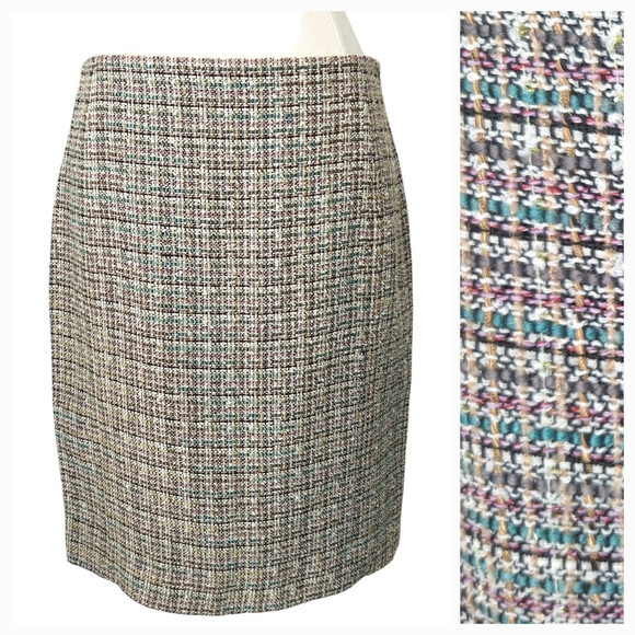 Brooks Brothers Gold, Pink & Green Boucle Tweed Pencil Skirt - Picture 1 of 7